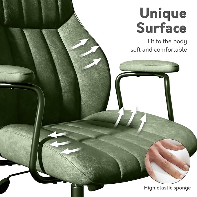 Green Leather Office Chair, Mid Century Home Office Desk Chair | Ergonomic Curve Design, Removable Padded Arms, Height Adjustable Swivel Seat & Smooth Wheels, Vintage Mid-Back Computer Chair