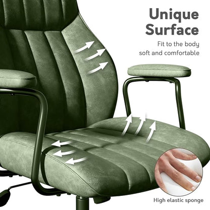 Green Leather Office Chair, Mid Century Home Office Desk Chair | Ergonomic Curve Design, Removable Padded Arms, Height Adjustable Swivel Seat & Smooth Wheels, Vintage Mid-Back Computer Chair