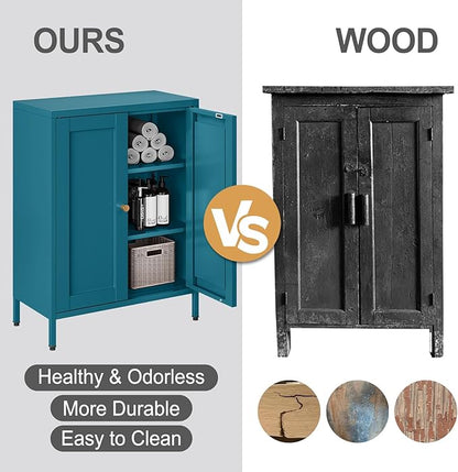 Bevivog Bathroom Floor Storage Cabinet,Metal Storage Sideboard with 2 Doors and 2 Adjustable Shelves,Modern Small Storage Cabinets, Blue Metal Locker for Entryway,Living Room,Hallway