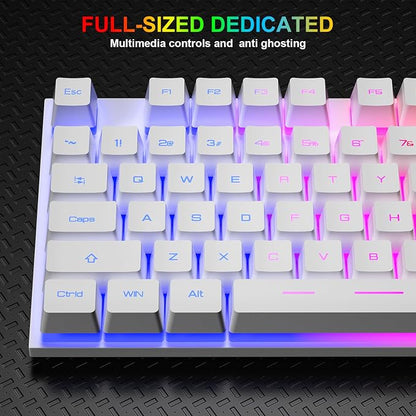 BlueFinger RGB Gaming Keyboard and Backlit Mouse Combo, USB Wired, LED Gaming Set for Laptop PC Computer Game and Work(White)