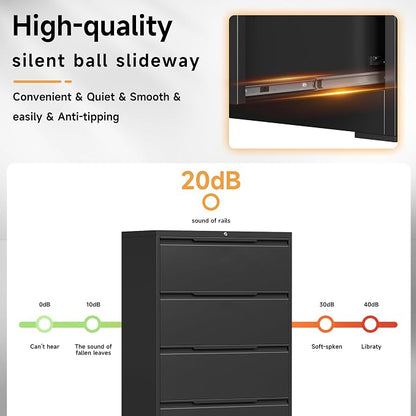Bestoo 4 Drawer Lateral File Cabinet with Lock Heavy Duty Large Metal Filing Cabinet Home Office Cabinets Wide Steel Cabinets for Legal/Letter Size,Assembly Required Black