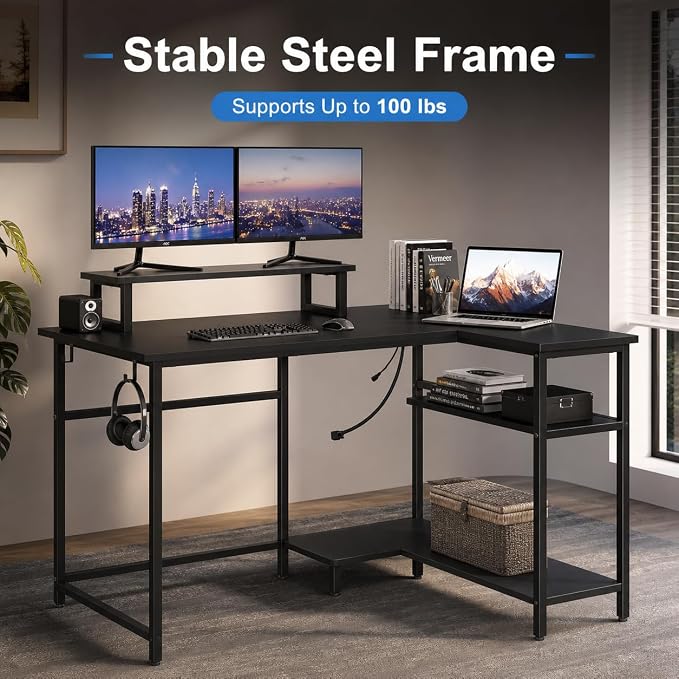 DEVAISE Compact 43" L Shaped Gaming Desk with LED Lights and Power Outlets - Corner Computer Table with Monitor Stand and Storage Shelves for Work and Gaming, Black