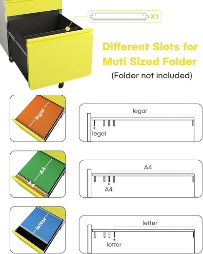 Dripex 3 Drawer Yellow File Cabinet, Mobile Under Desk Storage File Cabinet with Lock on Wheels, Letter/Legal Size, Fully Assembled, Small Short Vertical Metal Rolling Filing Cabinets for Home Office
