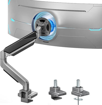 ARES WING Ultrawide Monitor Arm, Heavy Duty Single Monitor Mount for 13"-49" Curved Screens, Adjustable Stand for Desk with C-clamp & Grommet Base up to 40 LBS, Gray