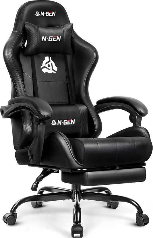 N-GEN GAMING Video Gaming Chair with Footrest Lumbar Support for Home Office High Back Recliner Height Adjustable Ergonomic Comfy Leather Computer Desk Chair (Deep Black)