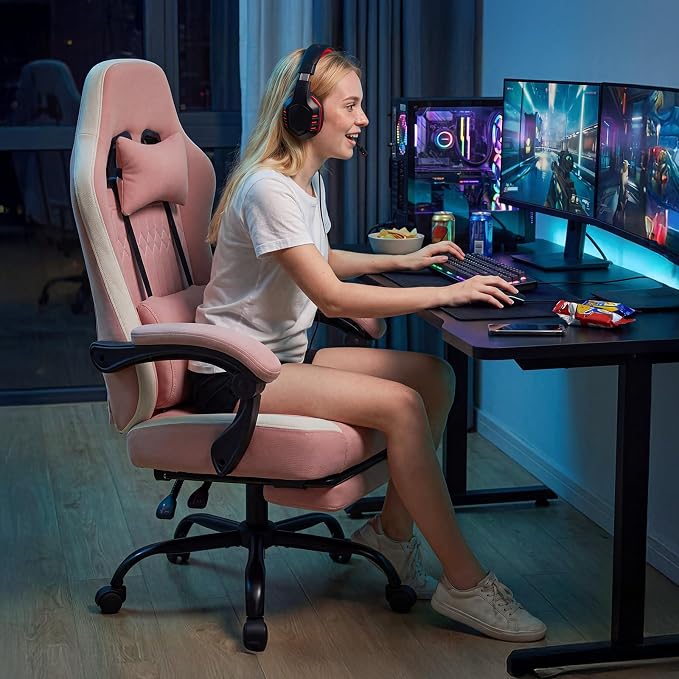 Computer Gaming Chair - High Back Ergonomic Desk Chair with Footrest and Lumbar Support, Height Adjustable Task Chair with Linkage Armrests and Headrest, 360° Swivel Wheels, Pink
