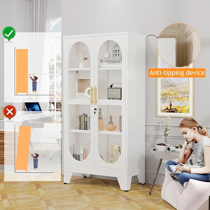 PAOFIN 61" H Locking Display Cabinet with Glass Door, Metal Cabinets with 3 Adjustable Shelves, Cabinet Display Case for Living Room, Collectibles, Clinic, Home - Assembly Required White