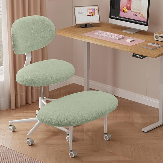 Pinmoco Ergonomic Cross Legged Office Chair with Wheels, ADHD Chair for Adults, Meditation Chair, Yoga Office Chair, Comfortable Back Support, Height Adjustable,Small Spaces, Teddy Fabric, Green