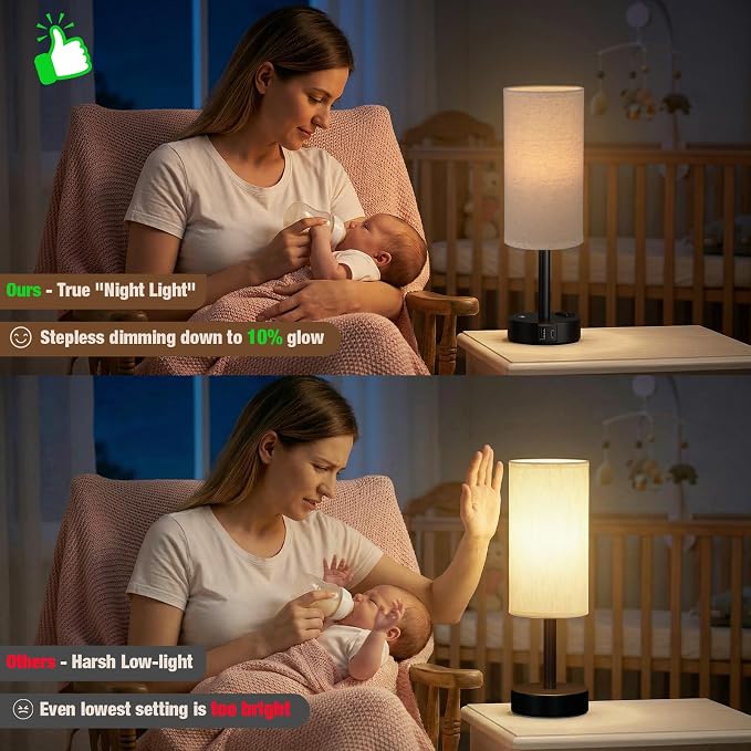 Touch Bedside Table Lamp with Memory - Stepless Dimmable Lamp for Bedroom, Small Nightstand Lamp with Dual USB Charging Ports and AC Outlet, Wood Night Light, Desk Lamp for Nursery (Beige & Black)