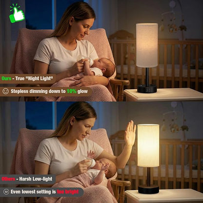 Touch Bedside Table Lamp with Memory - Stepless Dimmable Lamp for Bedroom, Small Nightstand Lamp with Dual USB Charging Ports and AC Outlet, Wood Night Light, Desk Lamp for Nursery (Beige & Black)