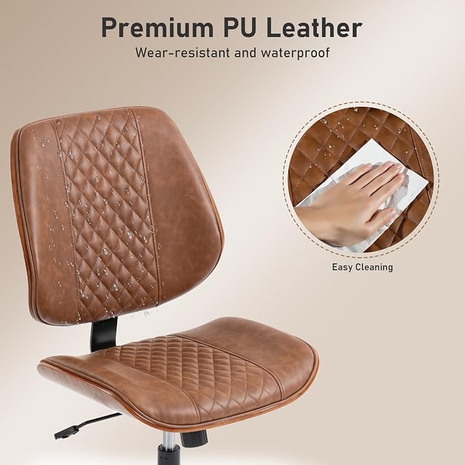 DYHOME Modern Walnut Home Office Chair with Wheels, Executive Office Desk Chair No Arms, Adjustable Height Small Desk Chair, Comfy PU, Deeper Cushion, Mid Back 360 Swivel Computer Chair, Brown