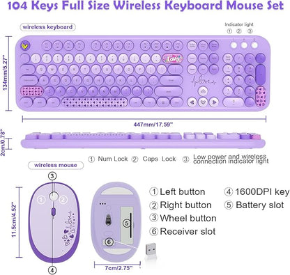 Wireless Keyboard and Mouse Combo, 104 Keys Cute Colorful Keyboard and Mouse with Retro Typewriter for PC/Mac/Laptop/Tablet/Computer/Windows Microsoft, Purple