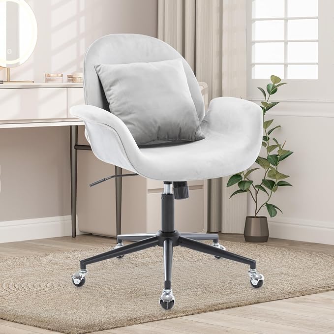 Velvet Desk Chair Modern Home Office Chair with Adjustable Height Swivel Rolling Executive Computer with Pillow Grey Armchair for Vanity, Bedroom,Small Space(Gray)