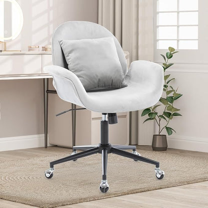 Velvet Desk Chair Modern Home Office Chair with Adjustable Height Swivel Rolling Executive Computer with Pillow Grey Armchair for Vanity, Bedroom,Small Space(Gray)