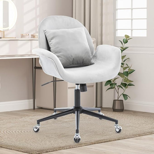 Velvet Desk Chair Modern Home Office Chair with Adjustable Height Swivel Rolling Executive Computer with Pillow Grey Armchair for Vanity, Bedroom,Small Space(Gray)