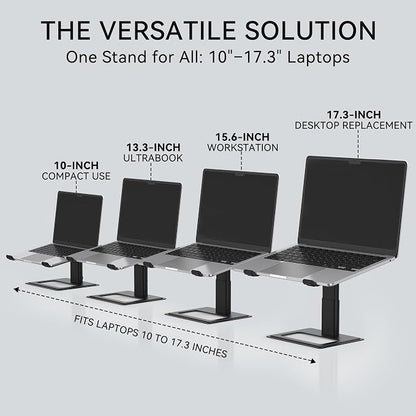 SOUNDANCE Adjustable Laptop Stand, Ergonomic Aluminum Riser for 10-17.3” Notebooks, Ventilated Metal Holder with Height Alignment for Desk Workspace, Black