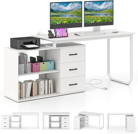 GOFLAME Reversible L Shaped Computer Desk with Charging Station, 55” Home Office Desk with 3 Drawers, 3-Level Adjustable Shelf, Convertible Study Writing Desk for Small Space, White