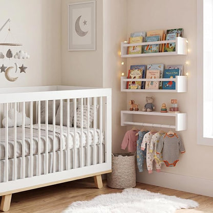 Fixwal Floating Bookshelves for Wall, 16.5 Inch Wood Nursery Book Shelves Set of 3, Baby Kids Decor, Solid Wood Wall Mounted Shelves for Books, Toys and Decor Storage (White)