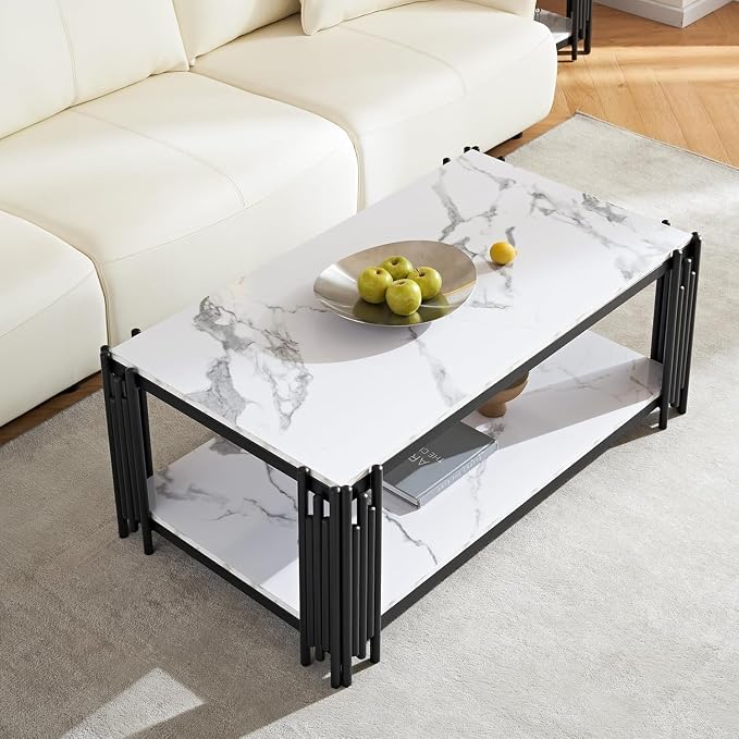 White Marble Coffee Table Set - 3 Piece Living Room Set with Black Chrome Metal I-Base