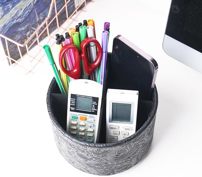 lizimandu Round Leather Art Supply Organizer,Remote Control Holder,360 Degree Spinning,Multi-Functional Pencil Holder,4 Compartments Desktop Stationary Organizer(1-Carved Black)