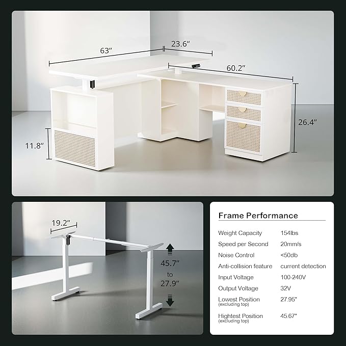 ModernMate 63" Standing Desk with File Cabinet, Privacy Panel, AC/USB, 1.18" Desktop, Executive L Shaped Height Adjustable Desk, Electric Stand Up Table with 3 Drawers, White Rattan