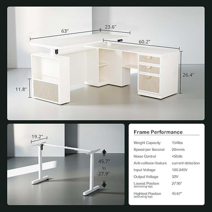 ModernMate 63" Standing Desk with File Cabinet, Privacy Panel, AC/USB, 1.18" Desktop, Executive L Shaped Height Adjustable Desk, Electric Stand Up Table with 3 Drawers, White Rattan