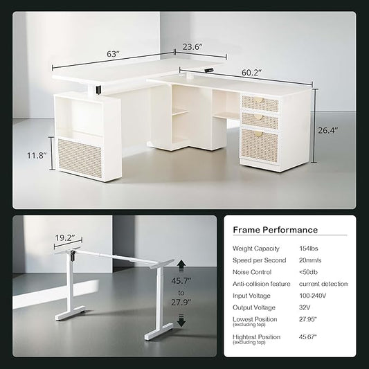 ModernMate 63" Standing Desk with File Cabinet, Privacy Panel, AC/USB, 1.18" Desktop, Executive L Shaped Height Adjustable Desk, Electric Stand Up Table with 3 Drawers, White Rattan