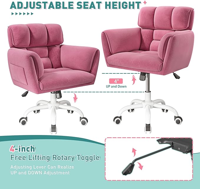DurayLoly Home Office Chair with Wheels Soft-Touch Material,Modern Cute Vanity Chair with Back Adjustable Height Upholstered Comfy Desk Chairs with Side Pockets for Bedroom,Pink
