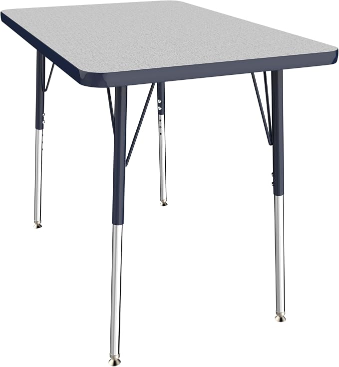 FDP Rectangle Activity School and Office Table (24 x 36 inch), Standard Legs with Swivel Glides, Adjustable Height 19-30 inches Quick Ship Single Box - Gray Top and Navy Edge