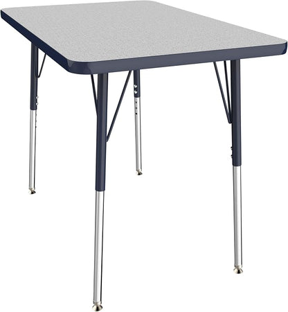 FDP Rectangle Activity School and Office Table (24 x 36 inch), Standard Legs with Swivel Glides, Adjustable Height 19-30 inches Quick Ship Single Box - Gray Top and Navy Edge
