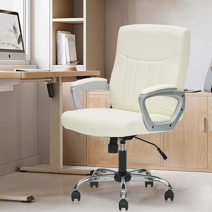 CLATINA Leather Office Executive Chair with Lumbar Support and Padded Armrestes, Swivel Rolling Ergonomic Mid Back Computer Task Desk Chair for Home, Conference, Waiting Room, White
