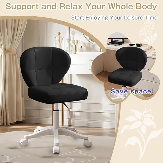 Vanity Chair with Back – Small Armless Office Chair with Wheels, Lumbar Support, PU Leather, Adjustable Height, 360° Swivel for Home, Bedroom, Office Black Set of 2