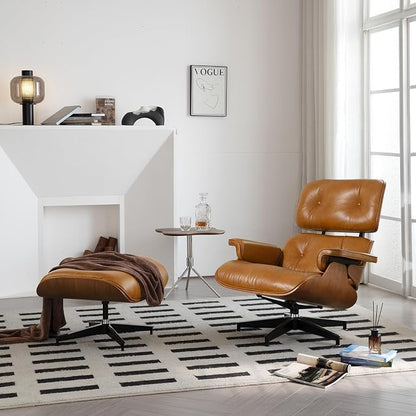 Mid Century Chaise Lounge Chair with Ottoman, Luxury Oil-Waxed Leather Reading Chair, Modern Chair Classic Design, Heavy Duty Base Support for Living Room Study Lounge Office Walnut Light Brown