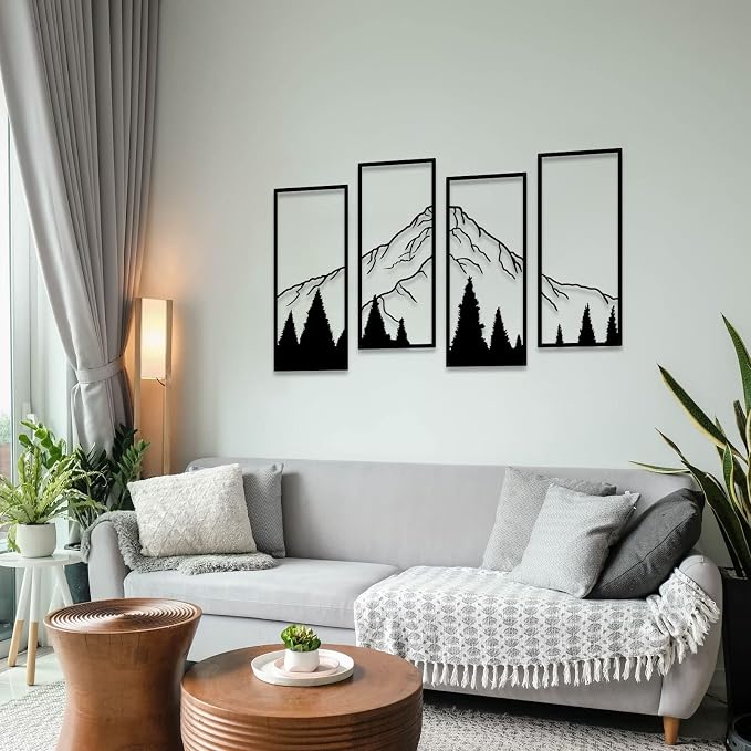ruelen 4 Pcs Metal Mountain and Forest Wall Decorations, Minimalist Line Drawing Masculine Mountain Wall Art, Rustic Nature Hanging Wall Sculpture for Men Bedroom, Man Cave, Bachelor Pad, Office & Living Room Home Decor