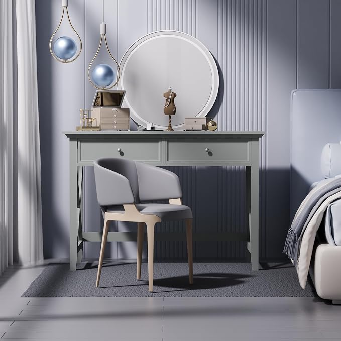 Lewahom Computer Desk with 2 Drawers, Elegant Home Office Writing Study Desk with Storage, Modern Simple Vanity Desk Console Table for Living Room, Grey