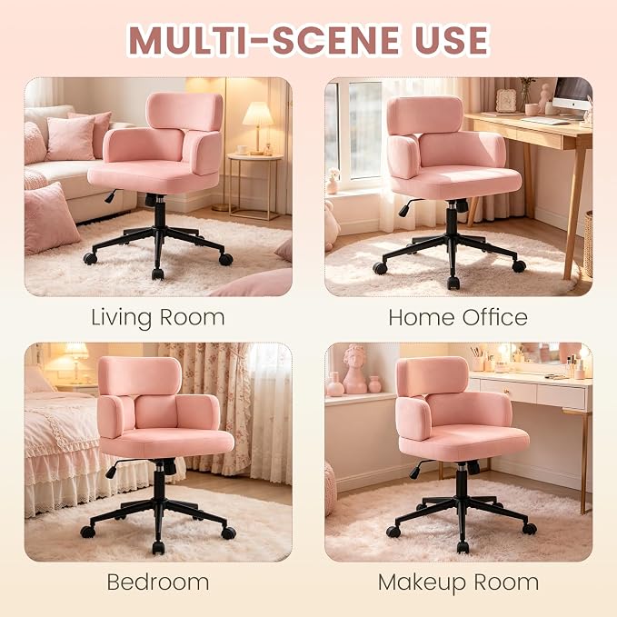 Home Office Chair with Unique Curved Back, Cute Pink Upholstered Wide Seat Desk Chair with Wheels,Swivel Tilt & Height Adjustable, Plush Velvet Fabric Matel Base for Home Office Vanity, Pink