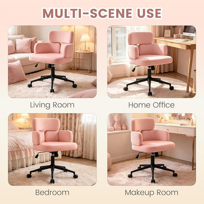 Home Office Chair with Unique Curved Back, Cute Pink Upholstered Wide Seat Desk Chair with Wheels,Swivel Tilt & Height Adjustable, Plush Velvet Fabric Matel Base for Home Office Vanity, Pink