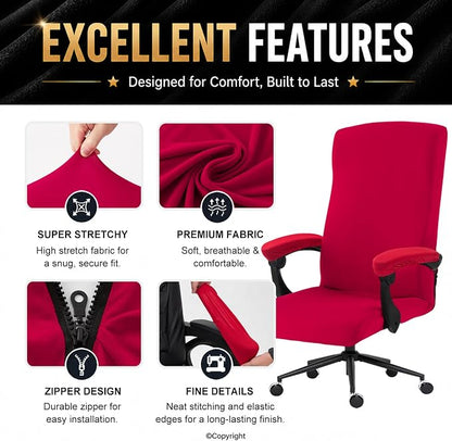 Stretch Computer Office Chair Cover with Armrest Covers Durable Zipper Universal Washable Removable Spandex Rotating Boss Chair Slipcovers Anti-dust Soft Desk Chair Seat Protector, Red