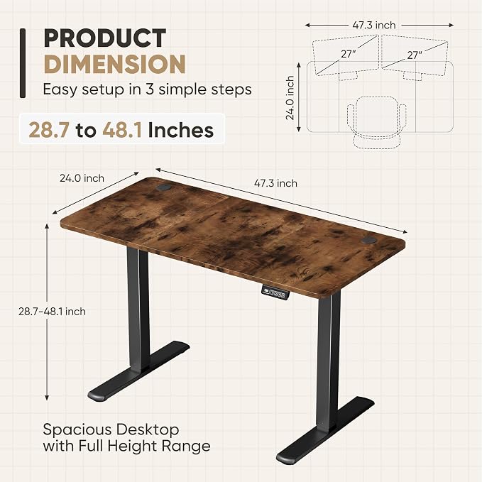 Furmax Electric Height Adjustable Standing Desk Large 48 x 24 Inches Sit Stand up Desk Home Office Computer Desk Memory Preset with T-Shaped Metal Bracke, Brown