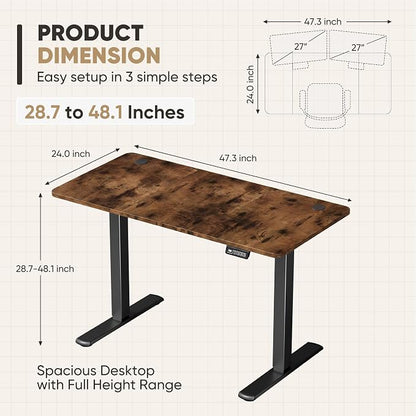Furmax Electric Height Adjustable Standing Desk Large 48 x 24 Inches Sit Stand up Desk Home Office Computer Desk Memory Preset with T-Shaped Metal Bracke, Brown