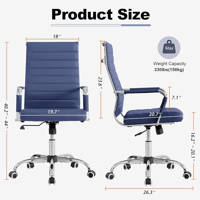 Home Office Chair Ribbed,Modern Leather Conference Room Chairs,Ergonomic Office Desk Chair, High Back Executive Computer Chair, Adjustable Swivel Chair with Arms (Blue)