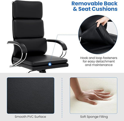 Giantex Ribbed Office Chair, High Back Ergonomic Desk Chair with Wheels & Rocking Function, Swivel Leather Desk Chair w/Arms & Removable Lumbar Support & Seat Cushions, Modern Executive Chair, Black