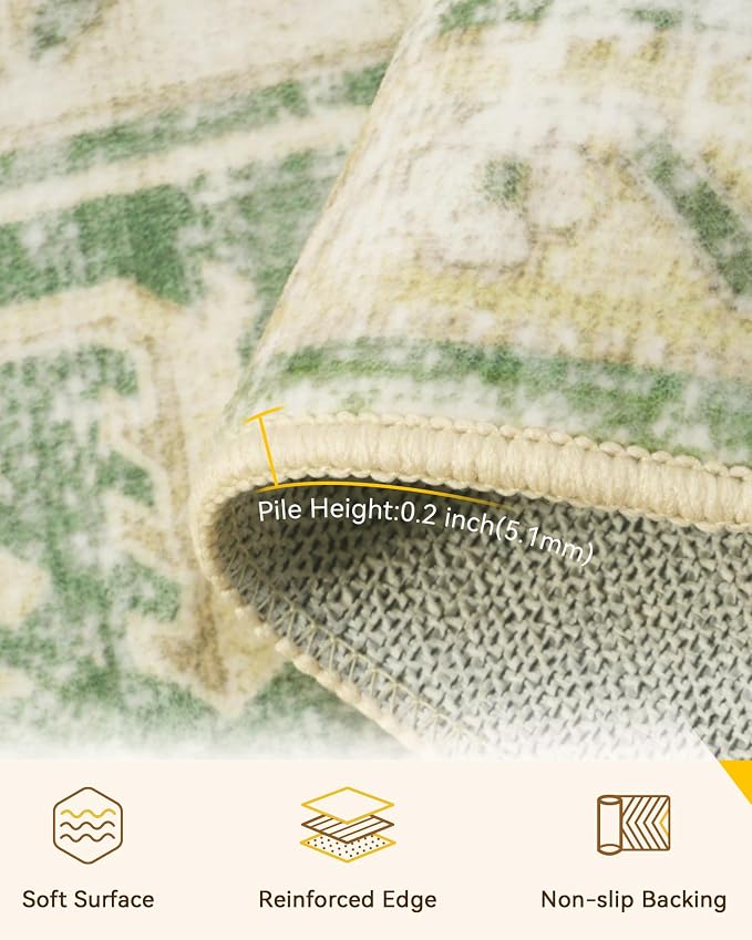 RELEANY Area Rugs Runner 3'x10' Washable Non-Slip, Floral Vintage Distress Medallion Carpet for Kitchen Hallway Bedroom Beside Laundry Room Bathroom, Sage Green Yellow
