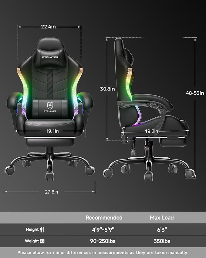 GTPLAYER RGB Gaming Chair with Footrest, Computer Gaming Chair with LED Lights for Adults, Height Adjustable PC Gamer Chair with 90-155° Recline & Removable Headrest Lumbar Support, RGB Black
