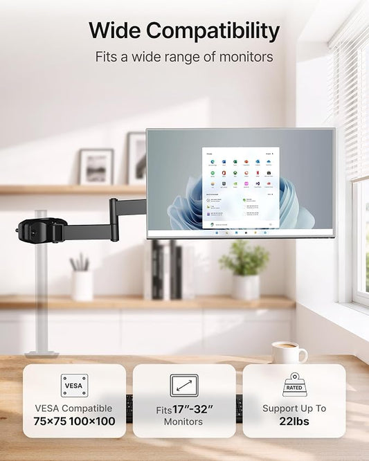 monTEK Universal VESA Steel Pole Mount Full Motion Monitor Arm, Fits 17 to 32 Inch Screens with Removable 75x75/100x100 VESA Plate, Holds Up to 10kg/22lbs, Black Clamp Mount with Cable Management