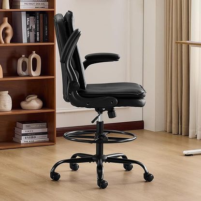 Karl home Tall Drafting Chair, Faux Leather Black | 330Lbs Capacity, Tall Office Chair for Standing Desk, Adjustable Height with Foot Ring, Flip-Up Armrests, PU Executive Chair