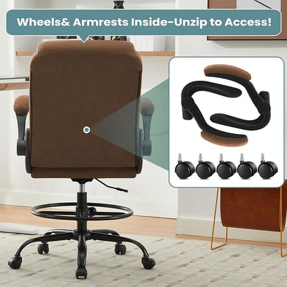MAHOMICO Drafting Chair for Standing Desk – Tall Office Chair with Adjustable Height & Foot Ring, Flip-Up Arms, Lumbar Support – Comfortable Fabric Seat, Ideal Home Desk Chair