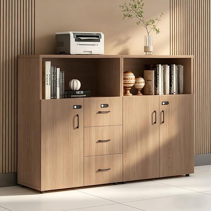 File Cabinet with Password Lock, Wood Lateral Filing Cabinet for Letter/A4 Files, 3 Drawer with Door, Printer Stand with Open Shelves for Home Office