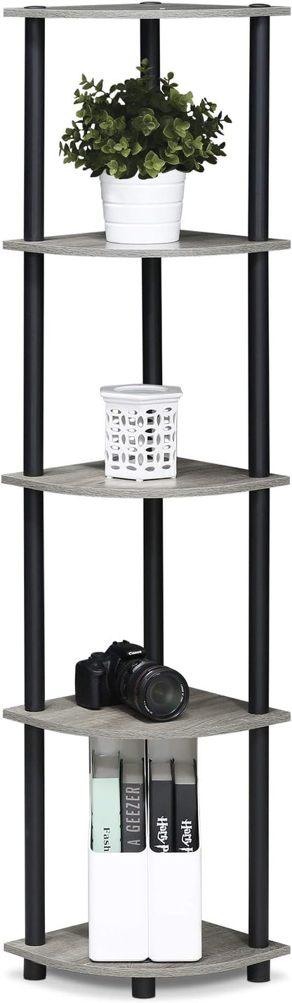Furinno TURN-N-TUBE Corner Shelf, 5-Tier Corner Bookshelf, Open Storage Shelves, for Organization and Storage, Living Room, Home Office, Garage, Bedroom, French Oak