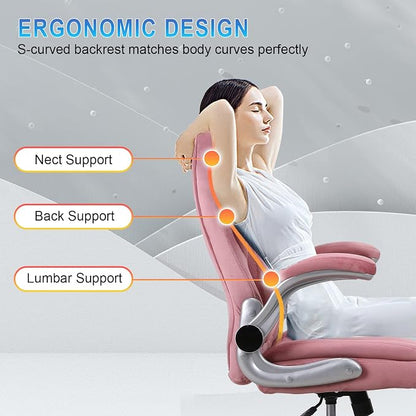 Lumbar Support Executive Office Chair, Ergonomic Velvet Desk Chair, High Back Office Chairs with Wheels Flip up Armrs, Back Support Home Computer Chairs for Women, 90°-120° Rocking (Pink)